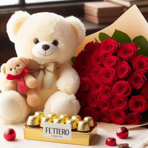 36 Rosas + Peluche + Chocolates, ¡Haz que su día sea aún más especial con este detalle único y lleno de amor! Somos floristería en Bogotá, entregamos sus flores y regalos en Bogotá, flores 24 horas