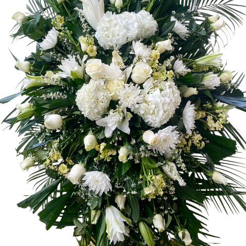 Corona fúnebre Paz con lirios, hortensias, rosas y margaritas blancas