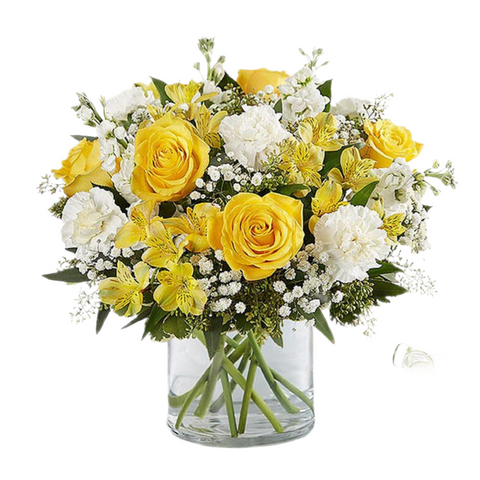 Bouquet flores amarillas y alstroemerias en Bogotá con entrega 24 horas. Floristería con flores frescas. Arreglo alegre y brillante. ¡Ordena ya!