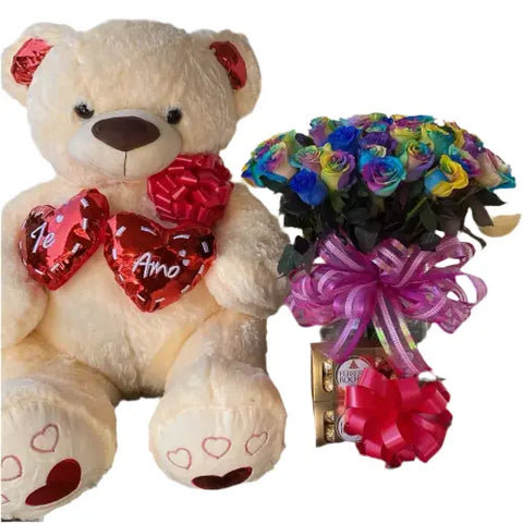 Este encantador Oso de Peluche de Un Metro de alto y Rosas Multicolor, es el regalo perfecto para expresar amor y ternura, regalo San Valentín. Floristería Flores 24 Horas