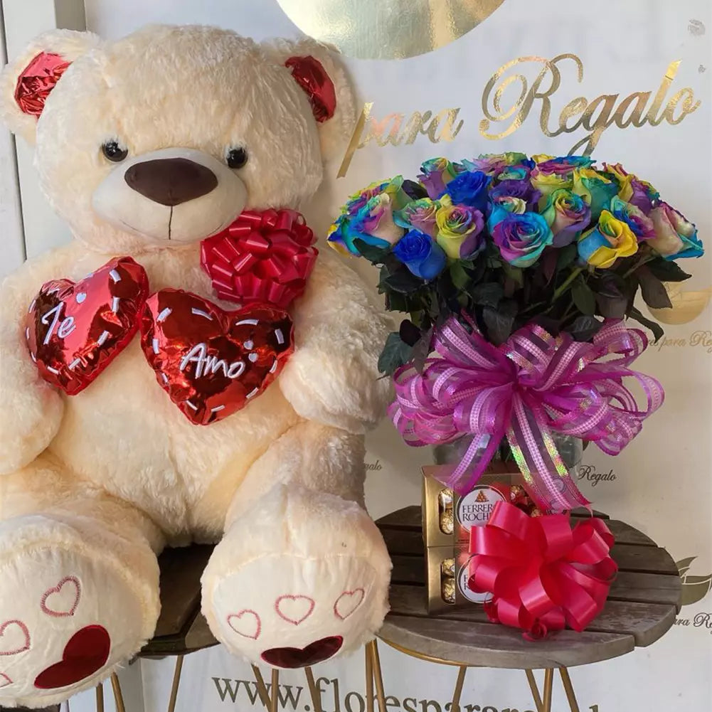 Oso de Peluche y Rosas Multicolor Flores 24 Horas Domicilio
