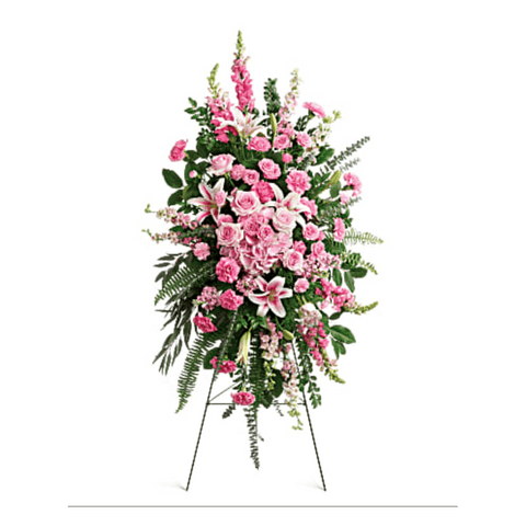 Pedestal y Arreglo Fúnebre, Corona y Pedestal "Gloriosa Despedida". contiene: hortensias rosadas, rosas de color rosa claro, rosas de spray de color rosa claro, lirios orientales rosas, claveles rosas, claveles rosas claros en miniatura, espuela de caballero rosa, boca de dragón rosa, arándano, helecho espada y colores verdes en vegetación. Flores 24 Horas, Bogotá, Colombia