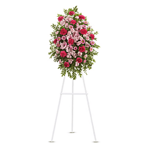 Pedestal y Arreglo Fúnebre, Corona y Pedestal "Tributo Rosa". contiene: Hermosas flores como la alstroemeria rosa claro, claveles y ásteres en miniatura con claveles rosas y gladiolos rosados. Flores 24 Horas, Bogotá, Colombia