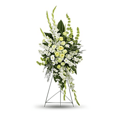 Pedestal y Arreglo Fúnebre, Corona y Pedestal "Vida Magnífica". contiene: variedad de rosas verdes, claveles verdes, gladiolos blancos, caldo blanco, crisantemos blancos en aerosol y campanas de Irlanda está acentuada con hojas verdes, eucalipto en espiral y hojas de limón. Flores 24 Horas, Bogotá, Colombia