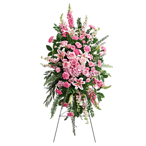 Pedestal y Arreglo Fúnebre, Corona y Pedestal "Gloriosa Despedida". contiene: hortensias rosadas, rosas de color rosa claro, rosas de spray de color rosa claro, lirios orientales rosas, claveles rosas, claveles rosas claros en miniatura, espuela de caballero rosa, boca de dragón rosa, arándano, helecho espada y colores verdes en vegetación. Flores 24 Horas, Bogotá, Colombia