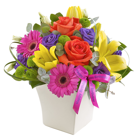 Feliz Cumpleaños Vibrante, lirios, rosas, flores para jardín, flores para regalo de cumpleaños, Floristería Flores 24 Horas