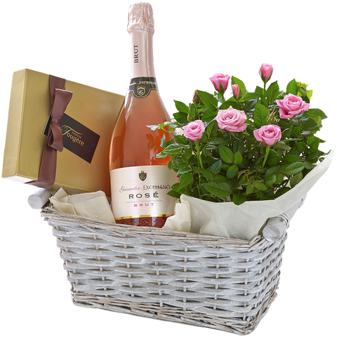 Luxury Canasta Regalo con Vino, flores para jardín y decoración de hogar con rosas en una canasta con vino tinto y chocolate, es un hermoso regalo para aniversario, regalo de flores para cumpleaños, flores para toda ocasión y decoración, Floristería Flores 24 Horas