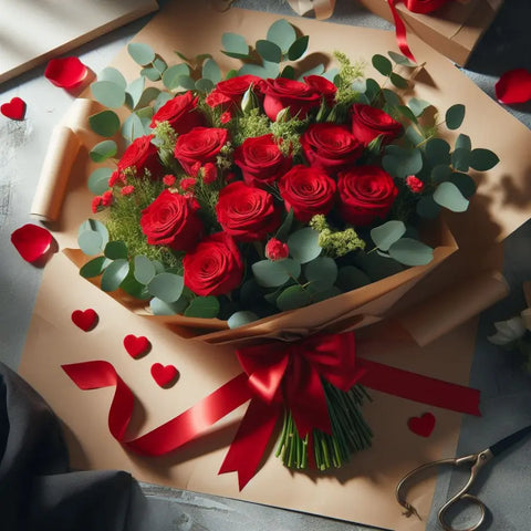 Doce Rosas Rojas En Ramo, Con este regalo, demuestra tu amor de manera elegante y conmovedora. ¡Ordena ahora mismo! Floristería Flores 24 Horas, entrega a domicilio en Bogotá y Miami