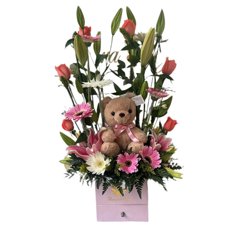 Flores y Oso Peluche 15 Cm