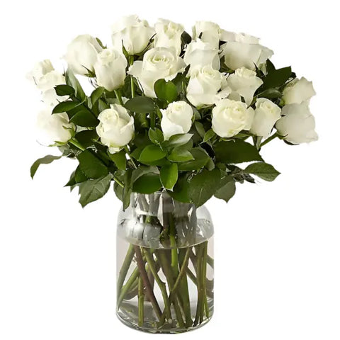 36 Rosas Blancas en Jarrón Transparente, son un regalo ideal para celebrar una ocasión especial en el día de San Valentín. Floristería Flores 24 Horas