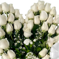 Acercamiento a las rosas blancas y flores decorativas de Amor Sincero