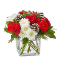 Fotografía del producto con flores "Ángel de Navidad" elaborado con rosas, claveles, margaritas y acompañamiento verde, en un jarrón pequeño de vidrio. Tamaño Mediano, floristería en Bogotá Flores 24 Horas.