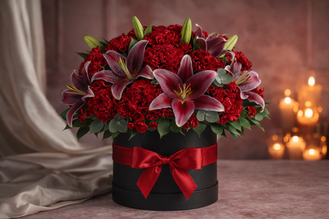 Arreglo floral de rosas rojas en caja negra para San Valentín con entrega 24 horas en Bogotá