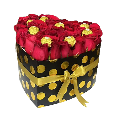 Flores 24 Horas. Caja en forma de corazón color negro y dorado, decorado con 20 rosas rojas y bombones de chocolates, este regalo combina lo mejor de dos mundos: la belleza de las flores y el placer irresistible del chocolate.