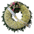 Primer plano de crisantemos blancos y crema con follaje verde y cinta conmemorativa