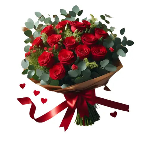 Doce Rosas Rojas En Ramo. Con este regalo, demuestra tu amor de manera elegante y conmovedora. ¡Ordena ahora mismo! ¡Sorprende a tus seres queridos con nuestro hermoso ramo de doce rosas rojas y eucalipto fresco! Floristeria Flores 24 Horas, domicilio en Bogotá