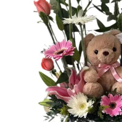 Flores y Oso Peluche 15 cm. Detalle del oso de peluche ¡Sorprende a esa persona especial con el regalo perfecto! domicilio en Bogotá. regalos para San Valentín, floristería Flores 24 Horas