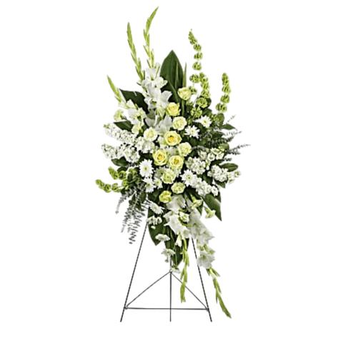 Pedestal y Arreglo Fúnebre, Corona y Pedestal "Vida Magnífica". contiene: variedad de rosas verdes, claveles verdes, gladiolos blancos, caldo blanco, crisantemos blancos en aerosol y campanas de Irlanda está acentuada con hojas verdes, eucalipto en espiral y hojas de limón. Flores 24 Horas, Bogotá, Colombia
