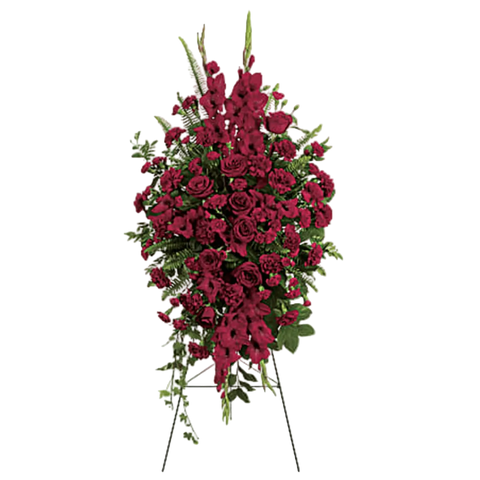 Nuestros Corazones, Arreglo Fúnebre. Exprese su más sentido pésame con este arreglo en pedestal en tonos completamente rojos. Es una forma hermosa de ayudar a aliviar el dolor de la pérdida. Incluye: rosas rojas, gladiolos rojos, claveles rojos y claveles rojos en miniatura. Flores 24 Horas, Bogotá, Colombia