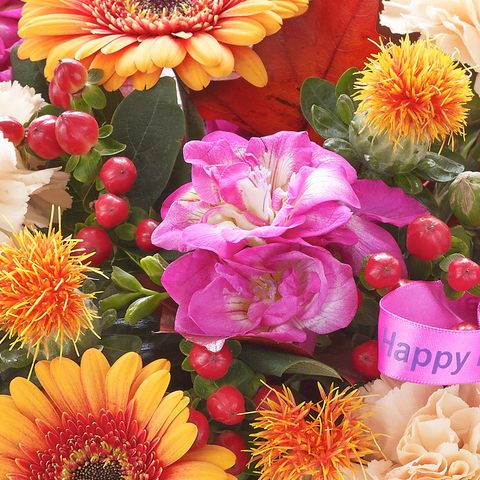 Orange Feliz Cumpleaños, regala flores para fechas especiales, floristería en Bogotá, domicilio entrega de flores, flores para regalo de cumpleaños
