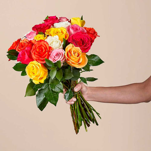 24 Rosas Mixtas En Bouquet: Colorido y floreciente, este vibrante ramo de una docena de rosas es un estimulante instantáneo del estado de ánimo. Floristería Flores 24 Horas