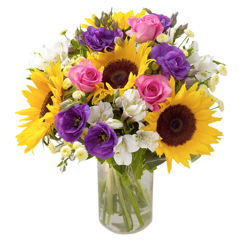 Girasoles Primavera, arreglo de flores con girasoles, rosas, astromelias - alstroemerias, es un regalo de flores para aniversario, regalo de flores para cumpleaños, regalo de flores para toda ocasión, Floristería Flores 24 Horas