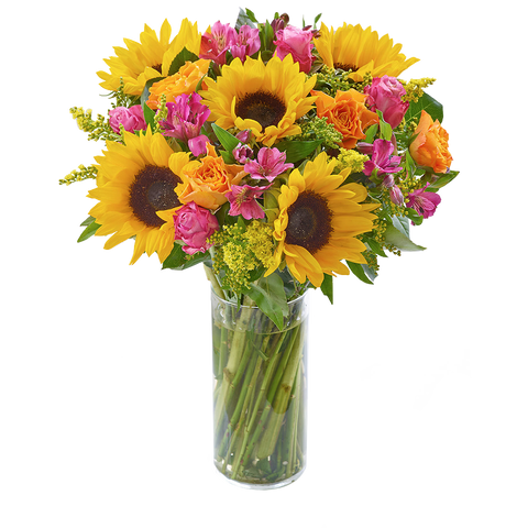 Girasoles Primavera, arreglo de flores con girasoles, rosas, astromelias - alstroemerias, es un regalo de flores para aniversario, regalo de flores para cumpleaños, regalo de flores para toda ocasión, Floristería Flores 24 Horas